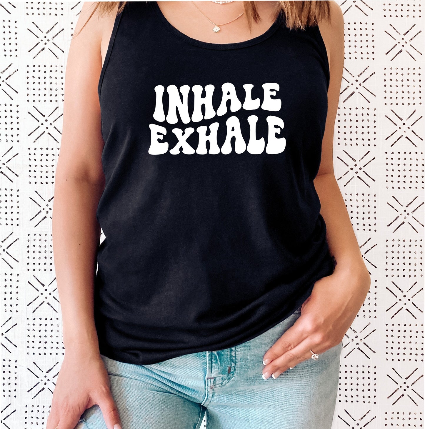 Women's breathwork yoga tank with peaceful "Inhale Exhale" graphic print in black