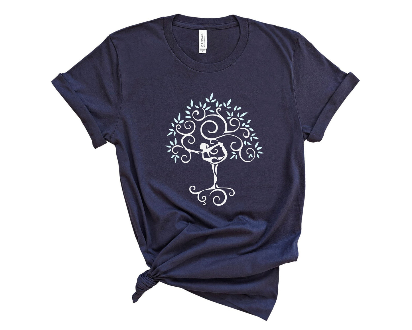 Yoga Tree of Life t-shirt in lifestyle setting for casual and active daily wear in navy blue
