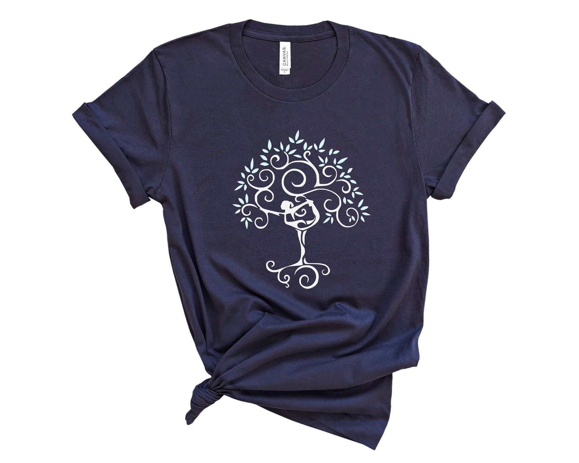 Yoga Tree of Life t-shirt in lifestyle setting for casual and active daily wear in navy blue