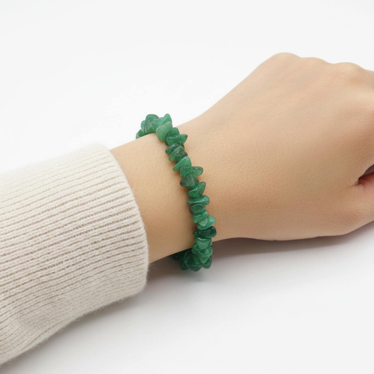 Raw Green Aventurine healing bracelet — natural green gemstone chips for opportunity, optimism, and Heart Chakra energy