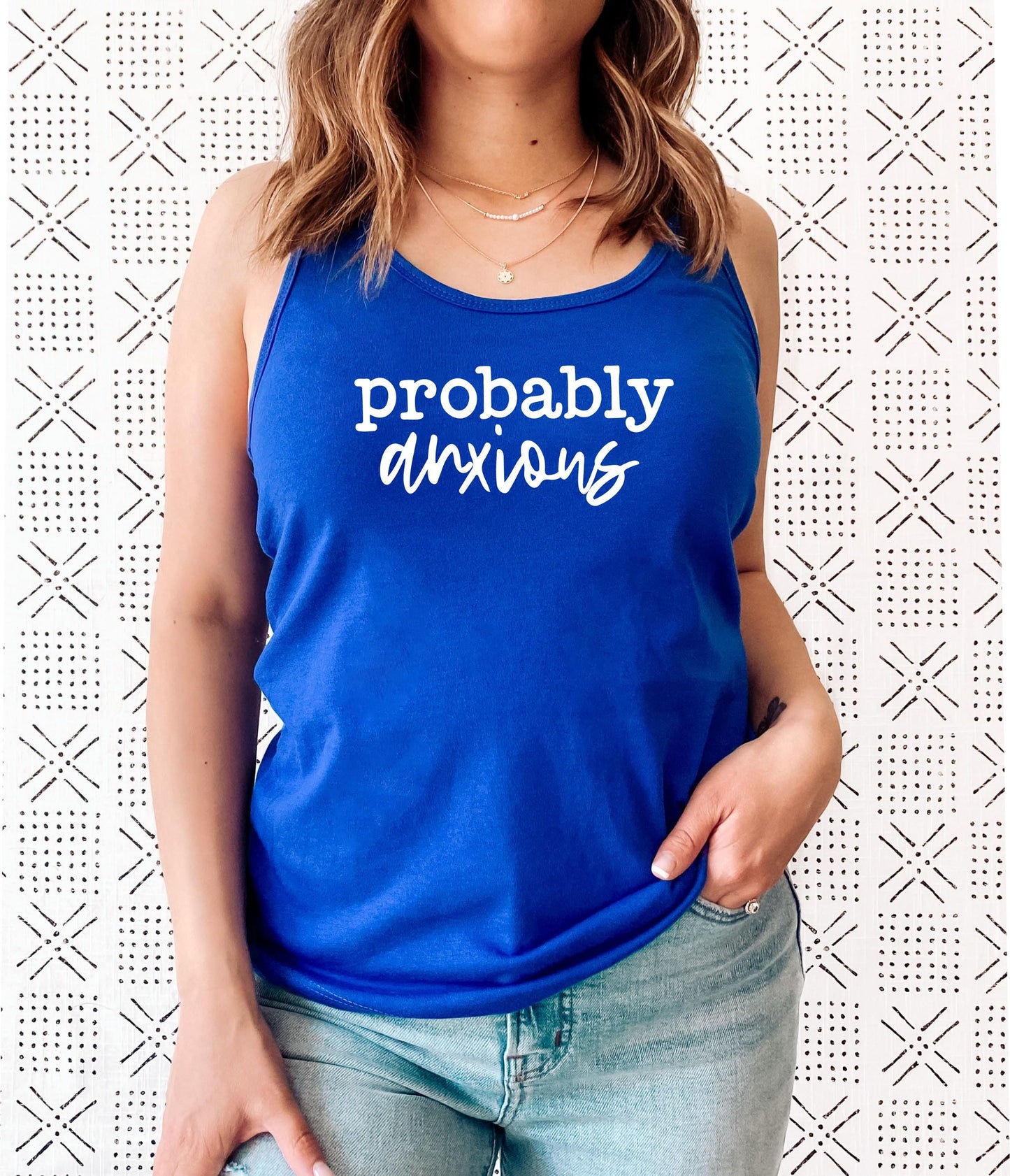 Women's mental health awareness racerback tank with honest and humorous print in blue