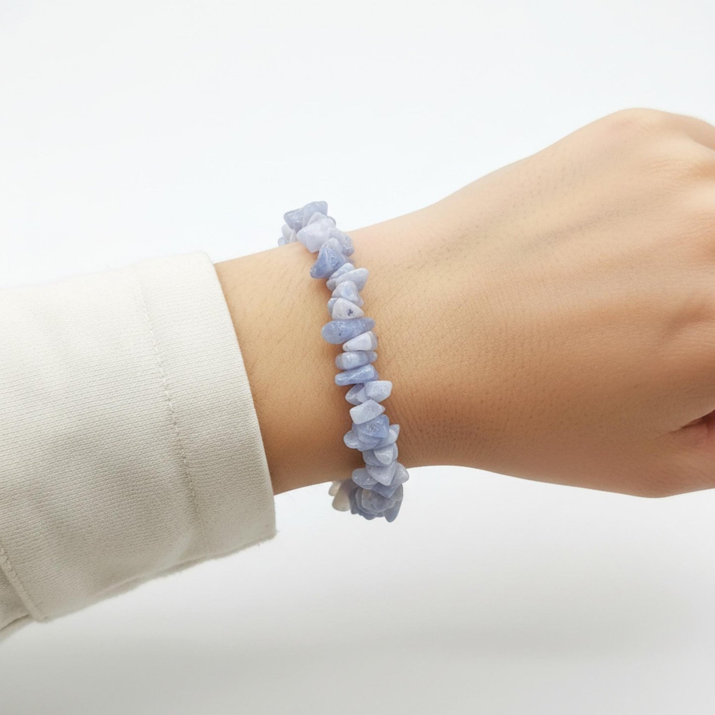 Blue Lace Agate healing bracelet — natural blue gemstone chips for calm expression, peace, and Throat Chakra energy
