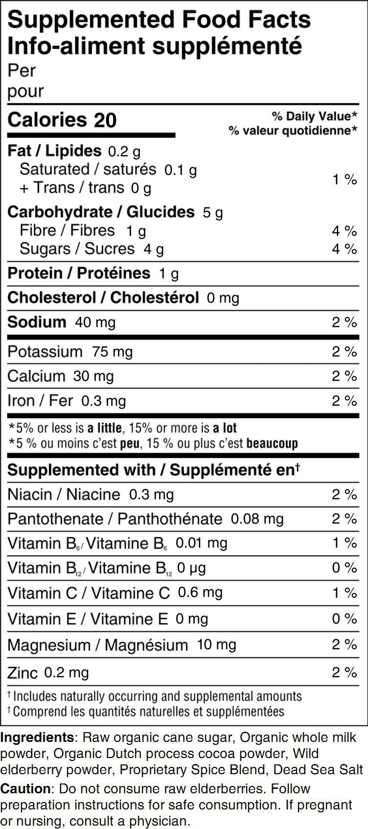 Nutritional label for spicy elderberry hot chocolate with detailed calorie and ingredient information.