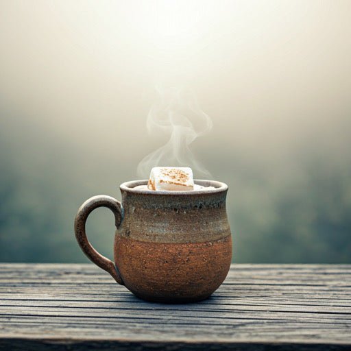 Steaming hot chocolate in a rustic mug on a wooden surface with a blurred background