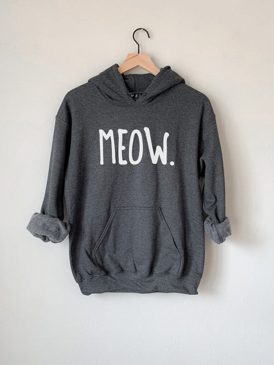 Playful and fun "MEOW" hoodie for cat-loving and carefree women in grey