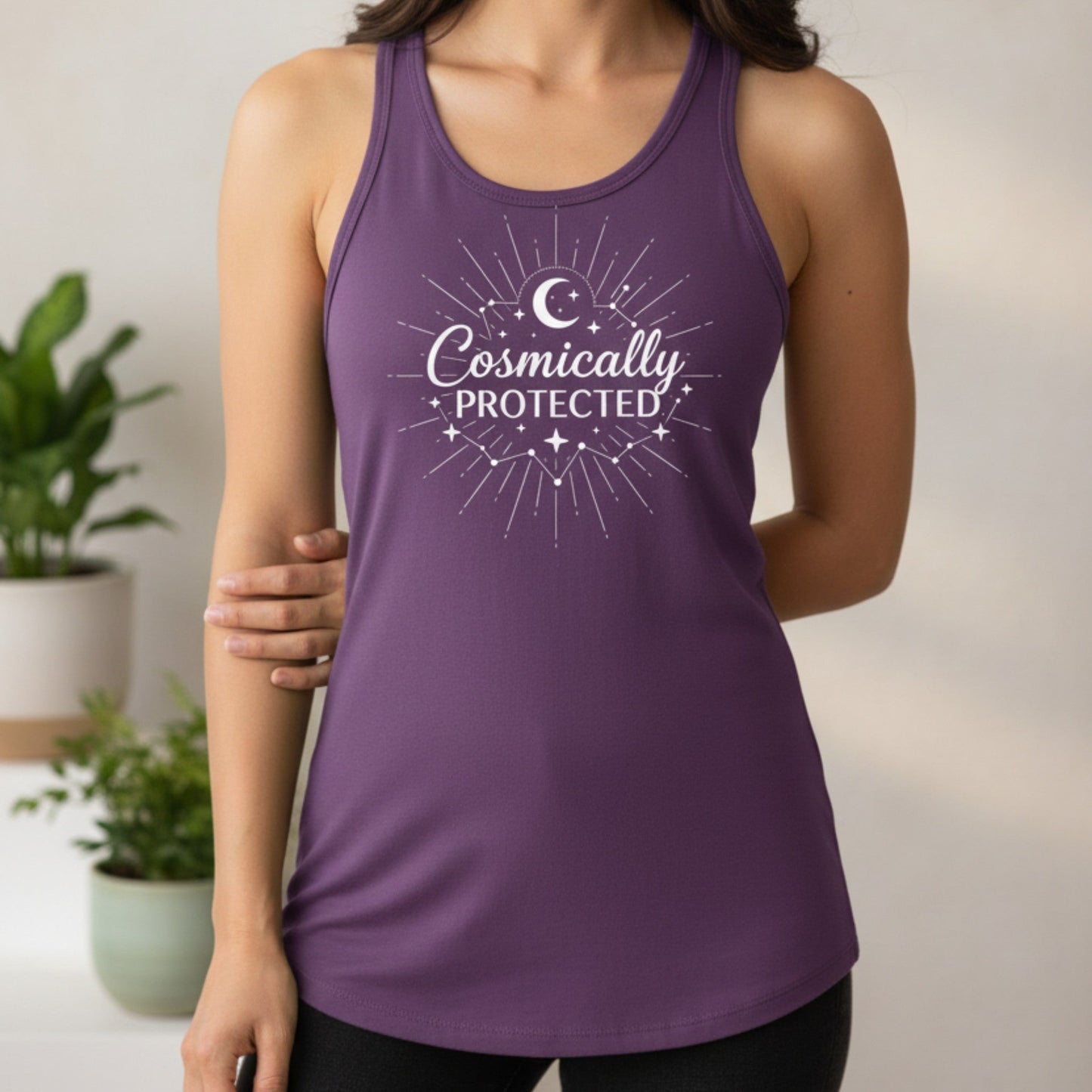 Purple cosmically protected tank top with white moon and star graphic — mystical healing gift for her, lightweight spiritual racerback for meditation and mindful movement
