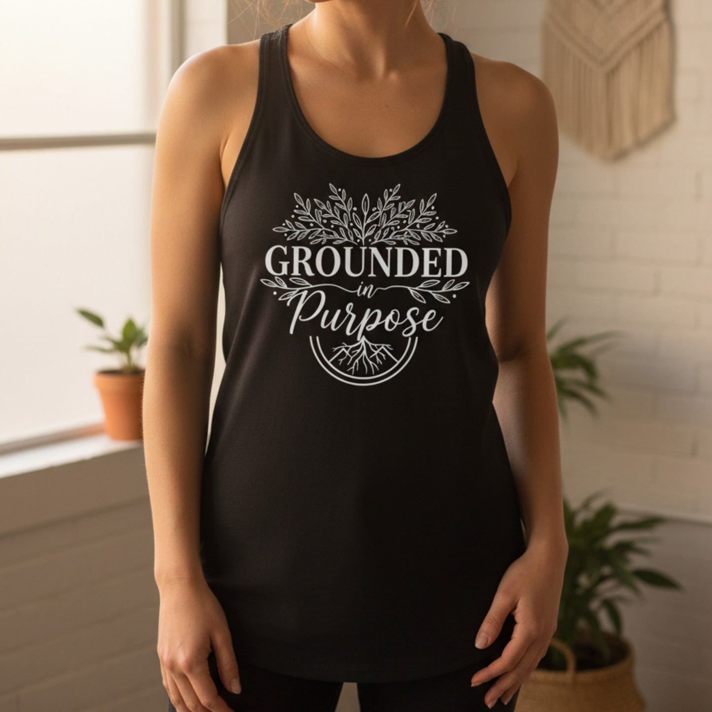 Black Grounded In Purpose racerback yoga tank — bold spiritual graphic tank for women, HTV design made in Canada