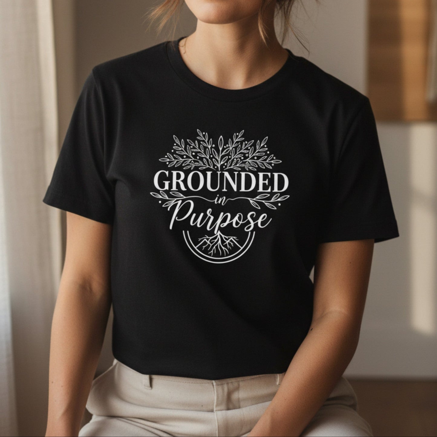 Black Grounded In Purpose women's t-shirt — mindfulness gift tee with bold spiritual design, unisex fit S–XL