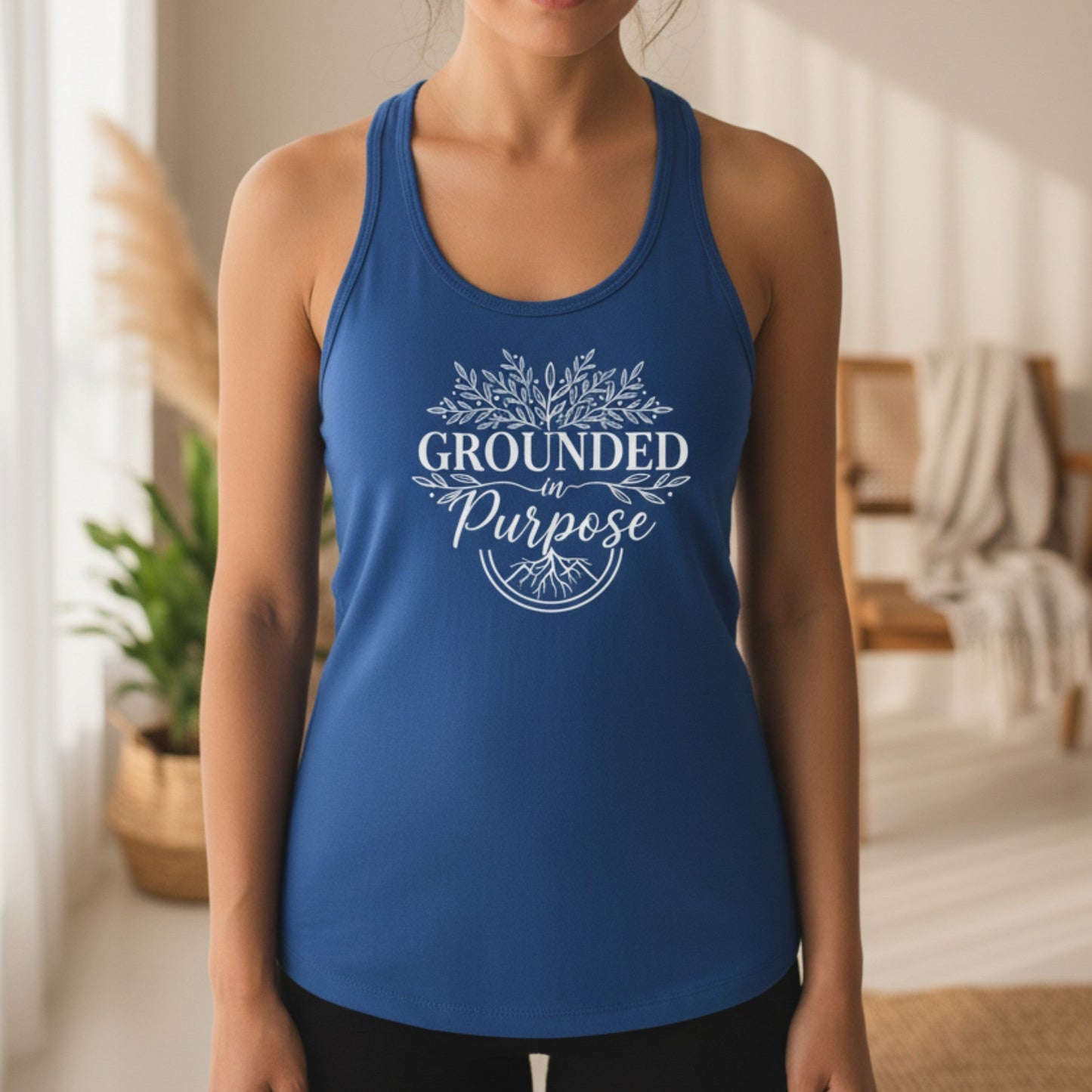 Blue Grounded In Purpose fitted racerback tank — inspirational women's yoga apparel, grounded spiritual gift for her, Canadian made