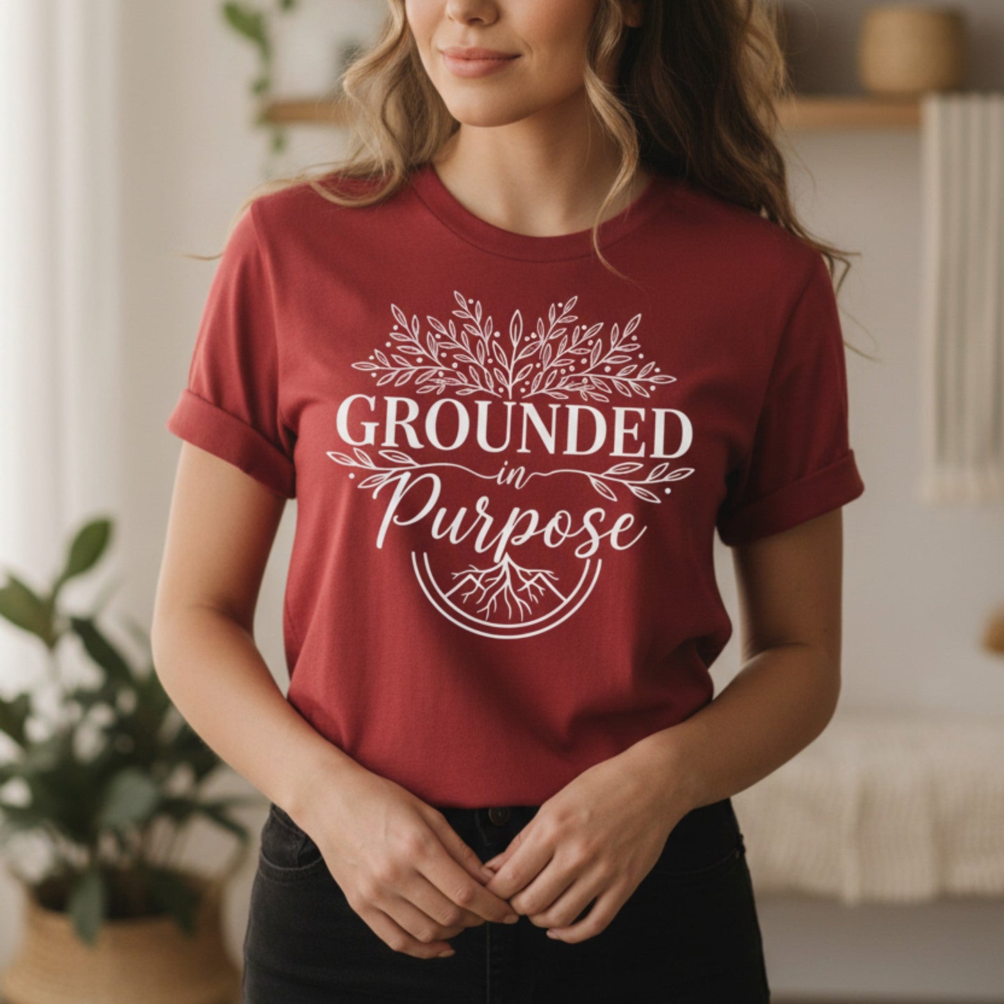 Cardinal red Grounded In Purpose graphic tee — meaningful gift for spiritual women, heat-transfer vinyl design made in Canada