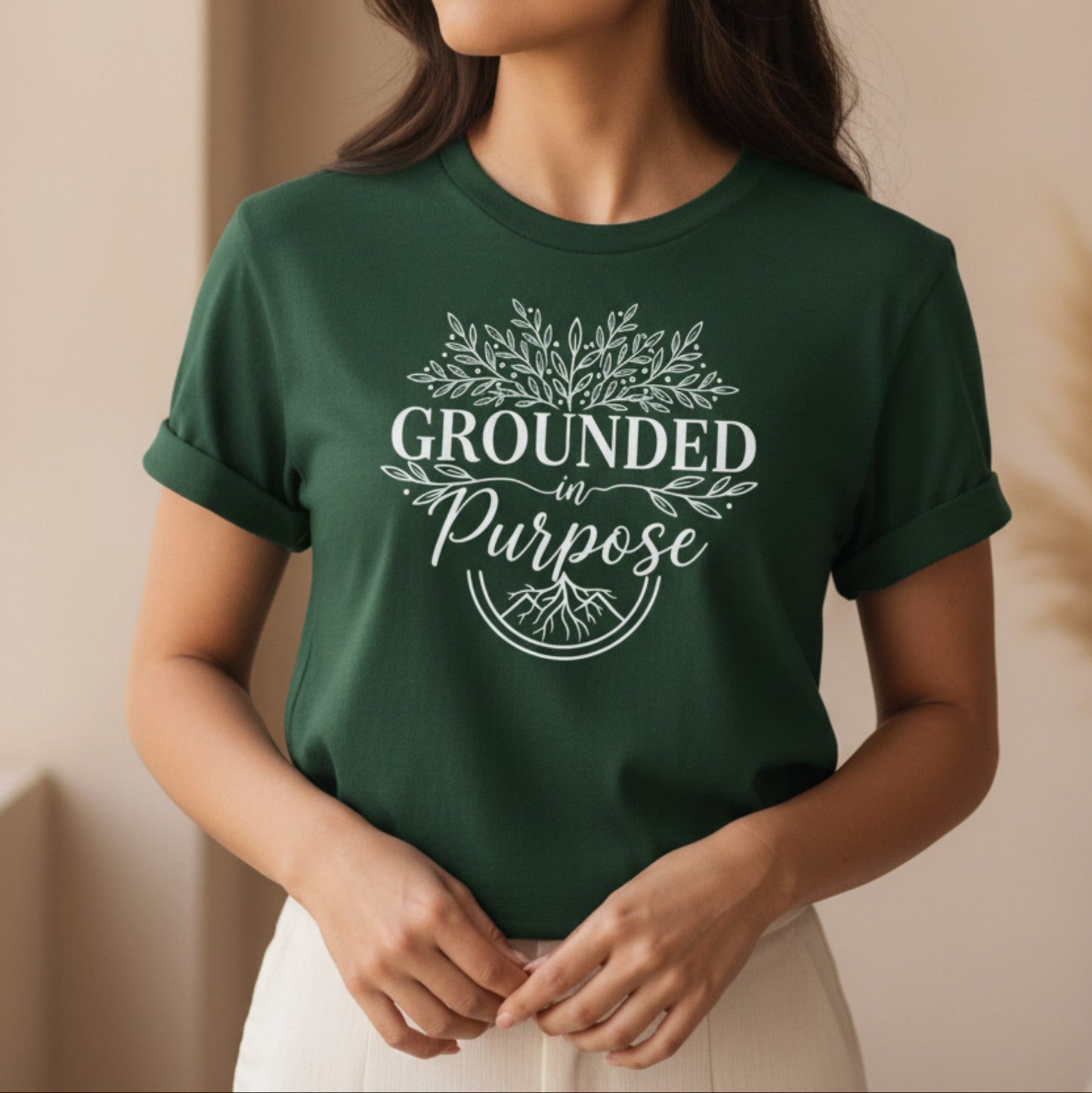 Forest green Grounded In Purpose t-shirt — grounded spiritual gift tee for yogis and intentional living, white HTV print