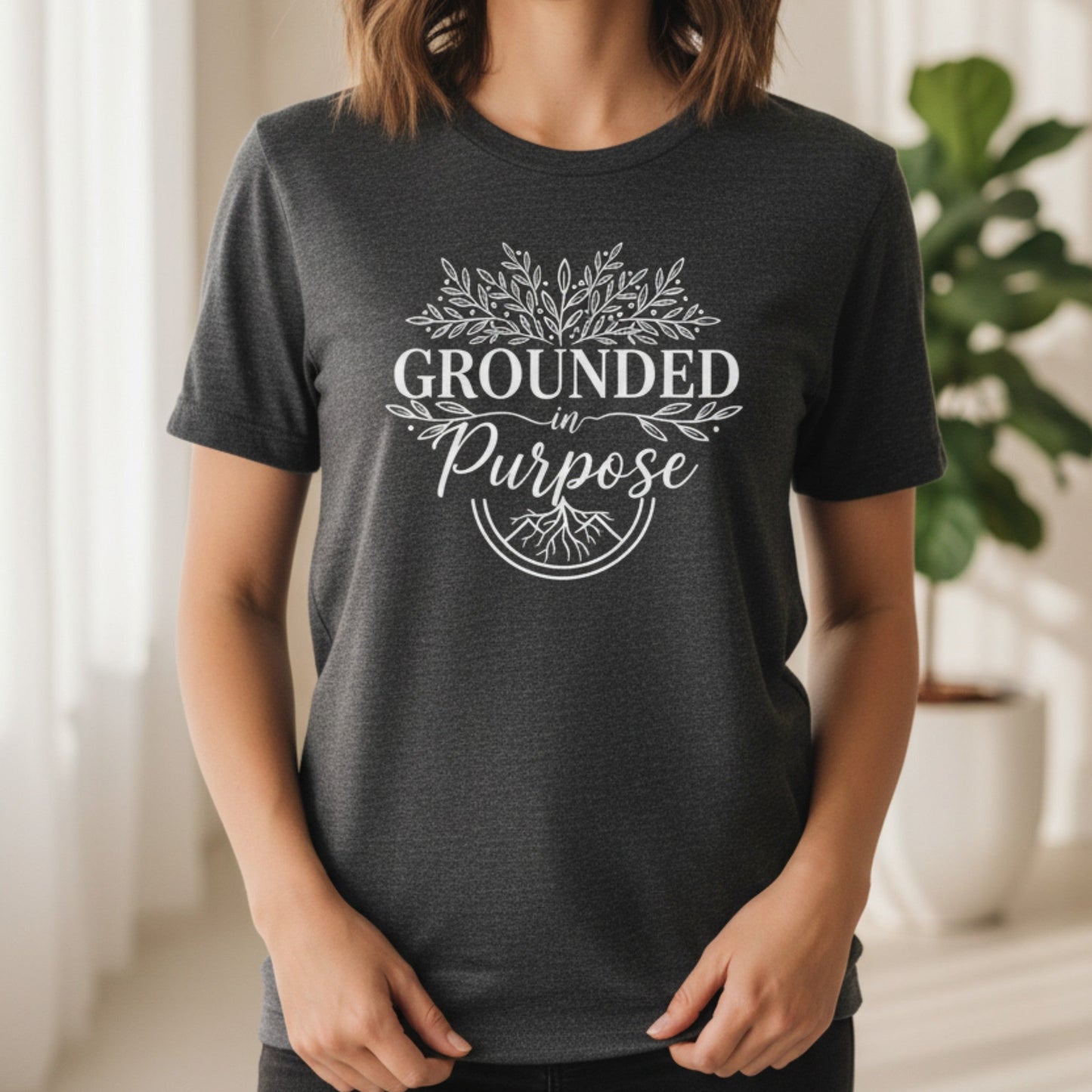 Dark heather grey Grounded In Purpose t-shirt — soft ringspun cotton spiritual apparel for women who live with purpose