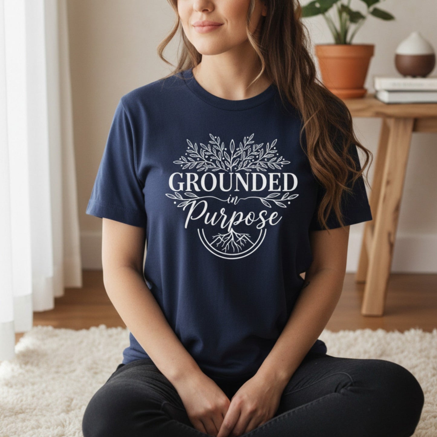 Navy Grounded In Purpose t-shirt in navy — spiritual graphic tee for women with intentional typography, heat-pressed in Canada