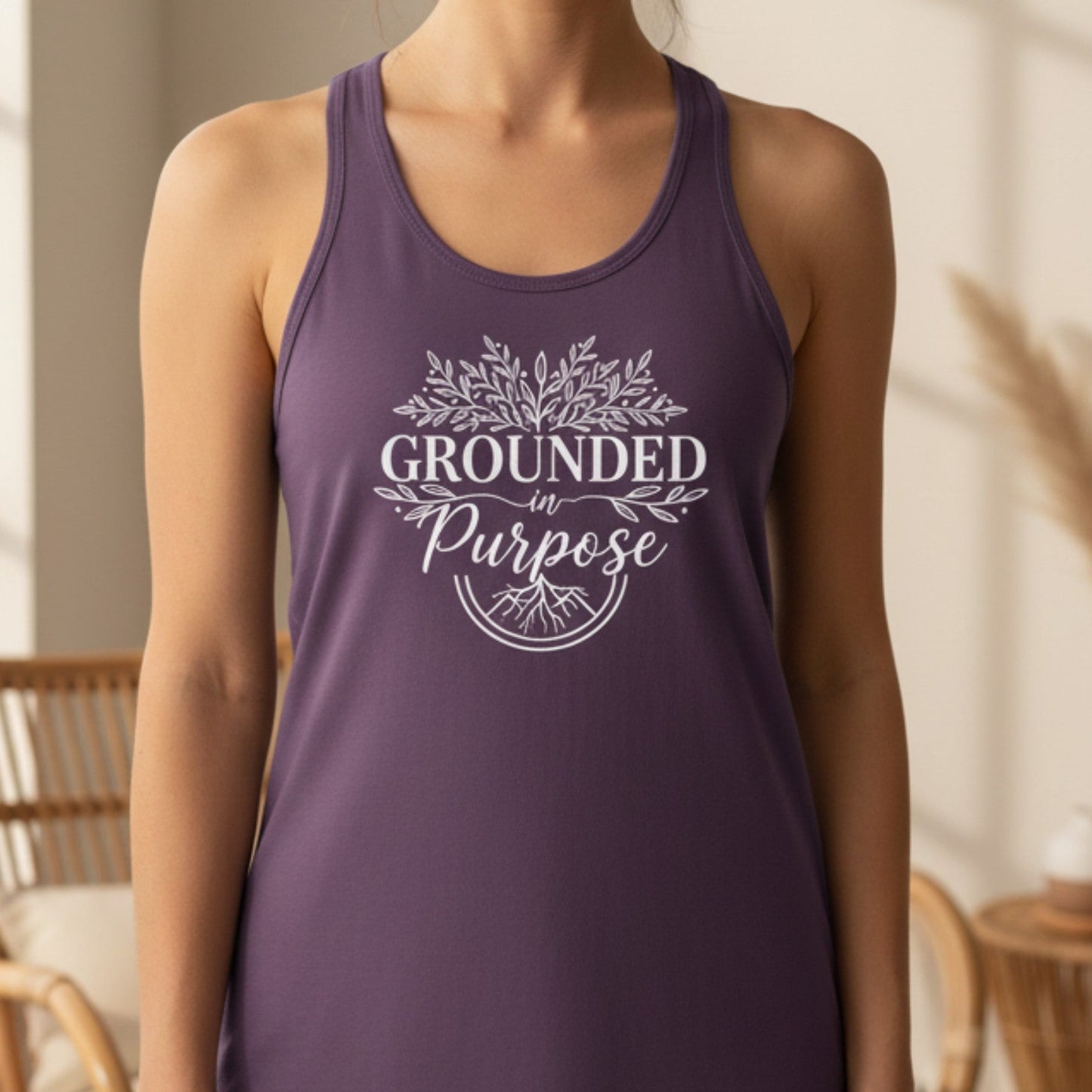 Purple Grounded In Purpose women's tank top — spiritual gift tank for yogis and meditators, fitted racerback, heat-transfer vinyl