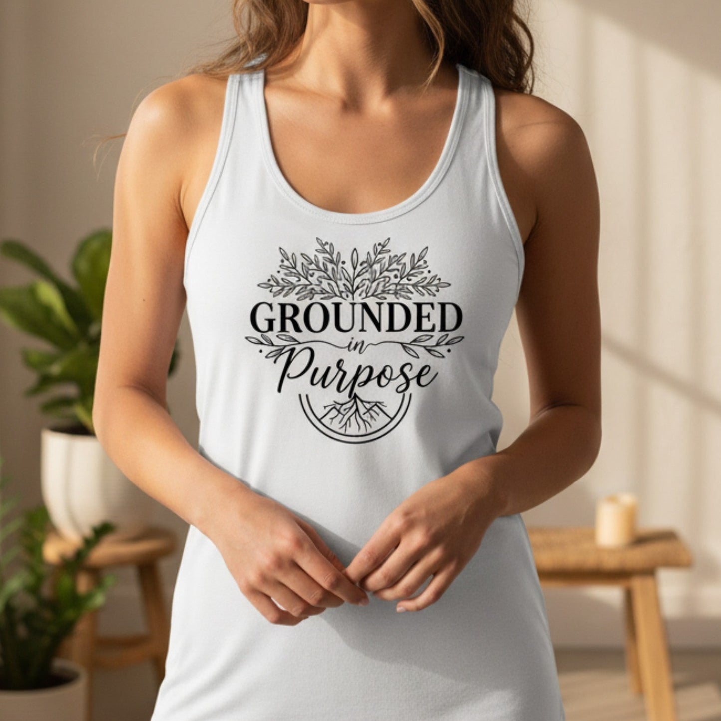 White Grounded In Purpose women's tank top — black print spiritual apparel, mindfulness gift for the intentional woman, S–2XL