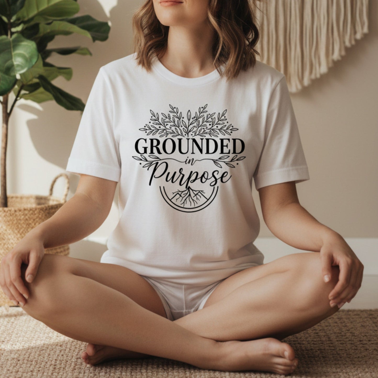 White Grounded In Purpose women's t-shirt — black print spiritual apparel, boho wellness gift for her, Canadian made