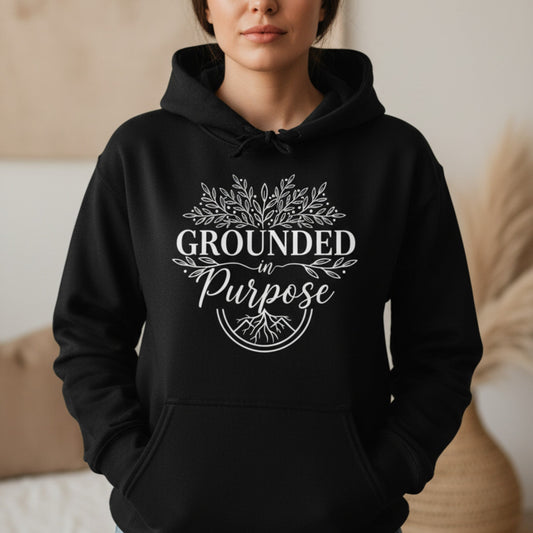 omen's graphic hoodie in black with "Grounded In Purpose" print — inspirational pullover for entrepreneurs, yoga lovers, and goal-getters
