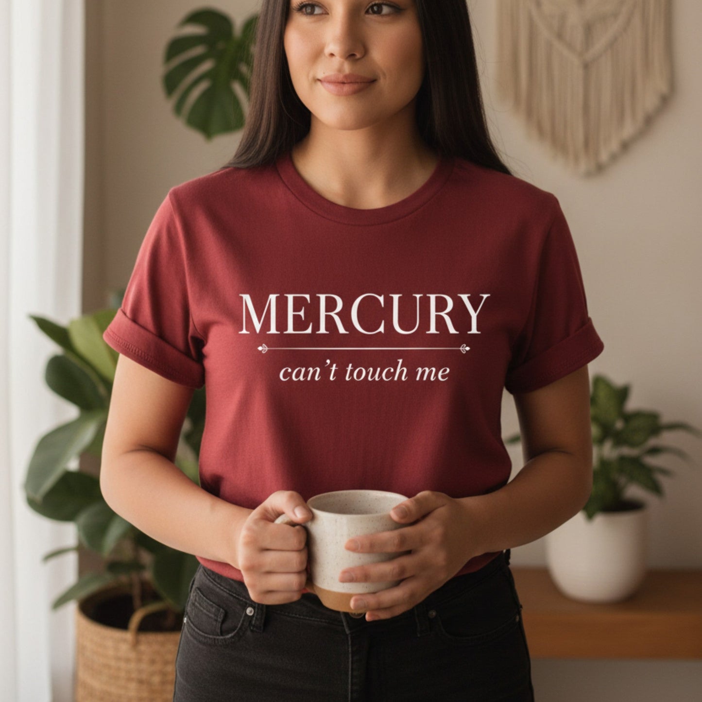 Cardinal red Mercury Can't Touch Me t-shirt with white script and serif print — vibrant astrology gift for the bold spiritual woman who refuses to let the cosmos slow her down