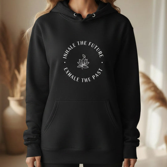 Black Inhale the Future Exhale the Past pullover hoodie with white circular lotus design — meaningful yoga gift for the spiritual woman who chooses presence over the past with every breath