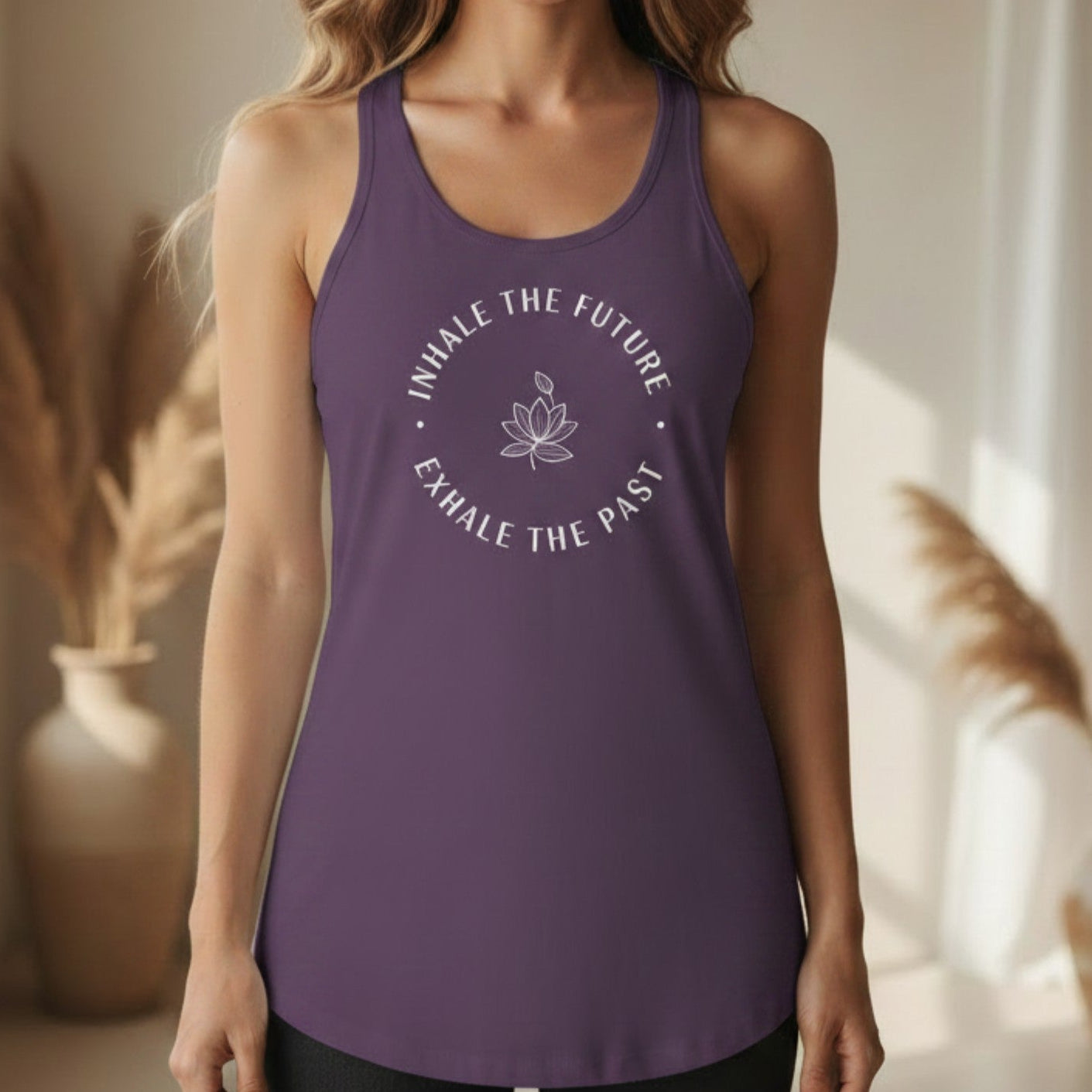 Purple Inhale the Future Exhale the Past racerback tank with white arched serif and lotus print — mystical yoga gift for the spiritual woman who finds her peace in the present moment