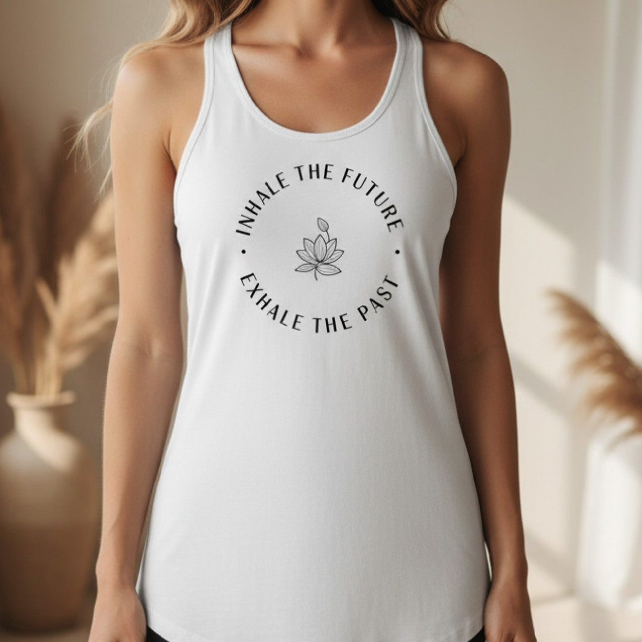 White Inhale the Future Exhale the Past racerback tank with black circular lotus design — clean minimal yoga gift for the spiritual woman who chooses presence over the past with every breath