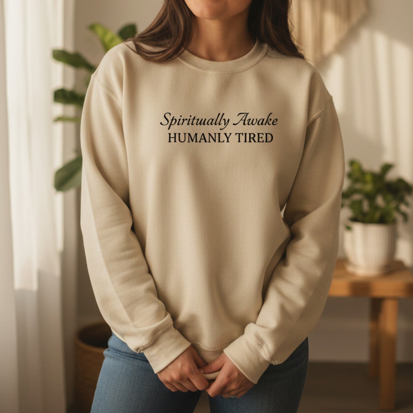Sand Spiritually Awake Humanly Tired crewneck sweatshirt with black typography — earthy boho funny gift for the spiritual woman who meditates every morning and still needs three coffees