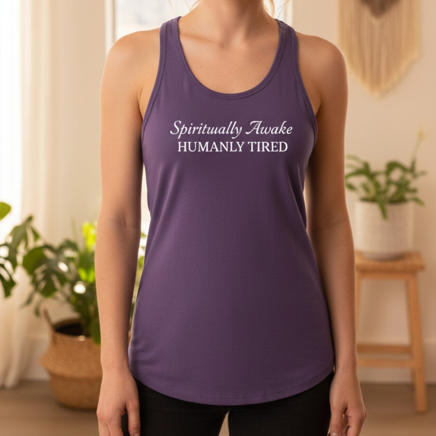 Purple Spiritually Awake Humanly Tired racerback tank with white serif and script print — mystical funny gift for the spiritual woman who is fully awakened and fully depleted