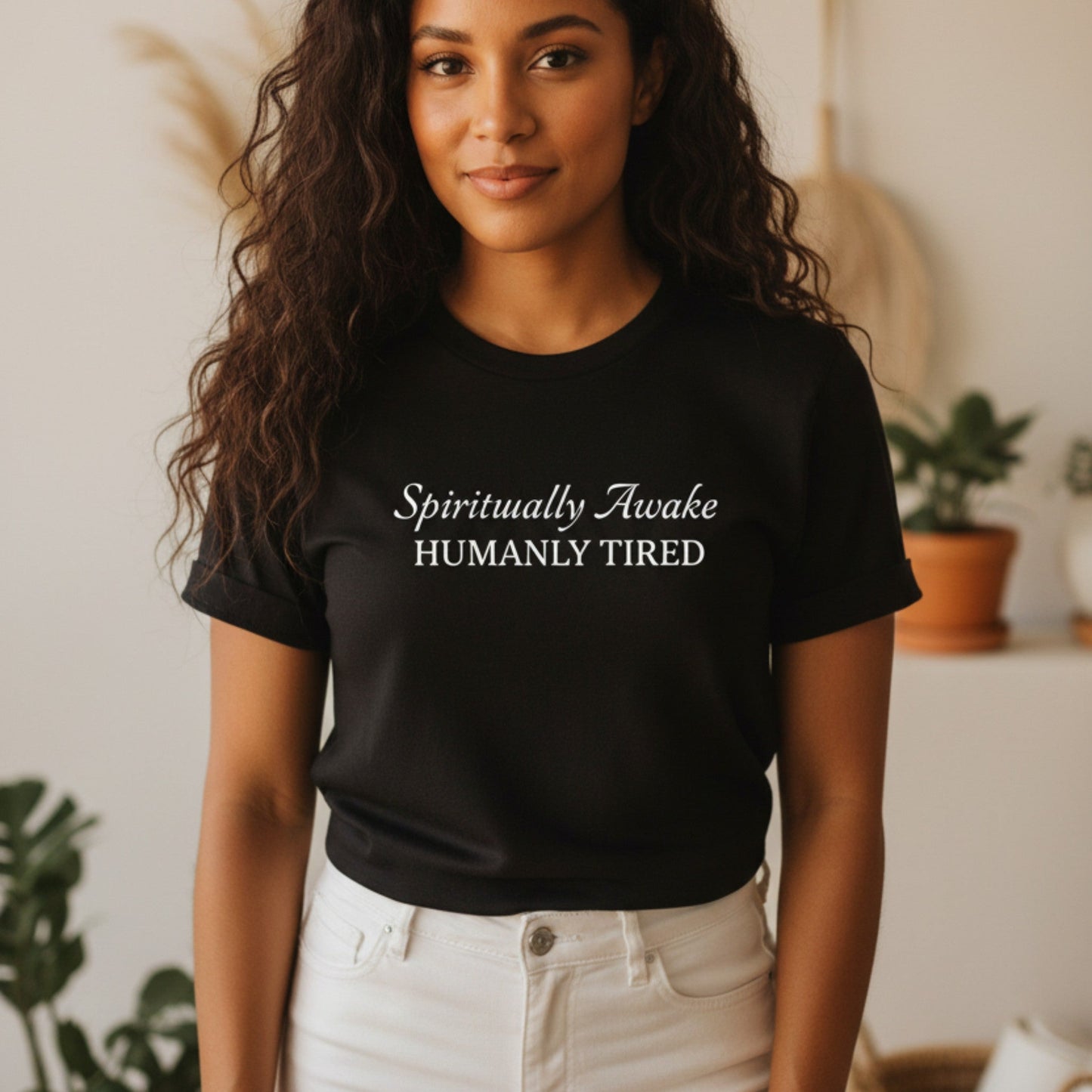 Black Spiritually Awake Humanly Tired graphic tee with white typography — bold funny gift for the empath who has done the shadow work and is deeply in need of a nap