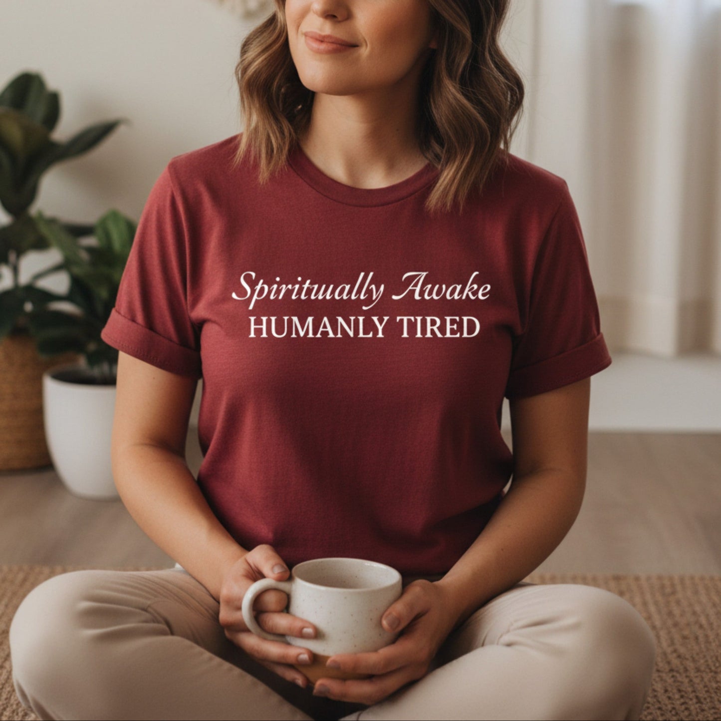 Cardinal red Spiritually Awake Humanly Tired tee with white serif and script print — vibrant funny spiritual gift for the woman who is on fire spiritually and completely depleted humanly