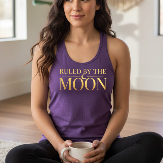 Purple Ruled By The Moon racerback tank top with gold celestial print — boho moon lover tank top for spiritual women