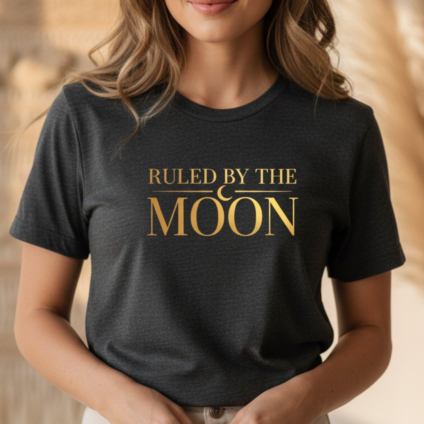 Dark heather gray moon phase t-shirt with gold celestial graphic — spiritual gift for her, soft unisex fit heat-pressed in Canada