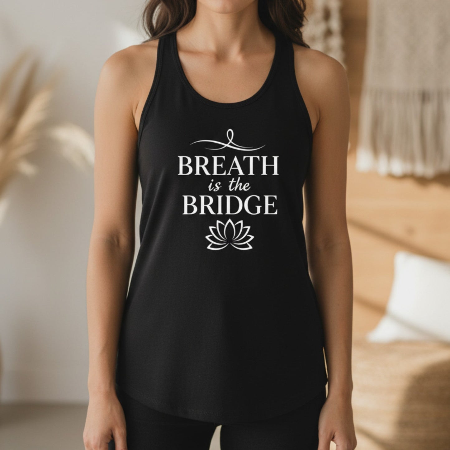 Black Inhale the Future Exhale the Past racerback tank with white lotus badge print — bold mindfulness gift for the woman who is letting go and stepping into her future one breath at a time