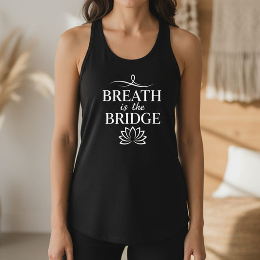 Black Inhale the Future Exhale the Past racerback tank with white lotus badge print — bold mindfulness gift for the woman who is letting go and stepping into her future one breath at a time