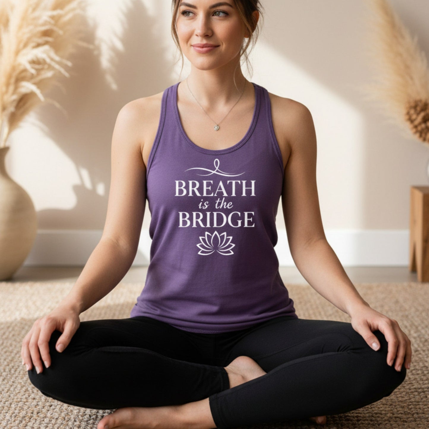 Purple Inhale the Future Exhale the Past racerback tank with white arched serif and lotus print — mystical yoga gift for the spiritual woman who finds her peace in the present moment