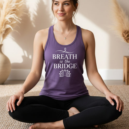 Purple Inhale the Future Exhale the Past racerback tank with white arched serif and lotus print — mystical yoga gift for the spiritual woman who finds her peace in the present moment