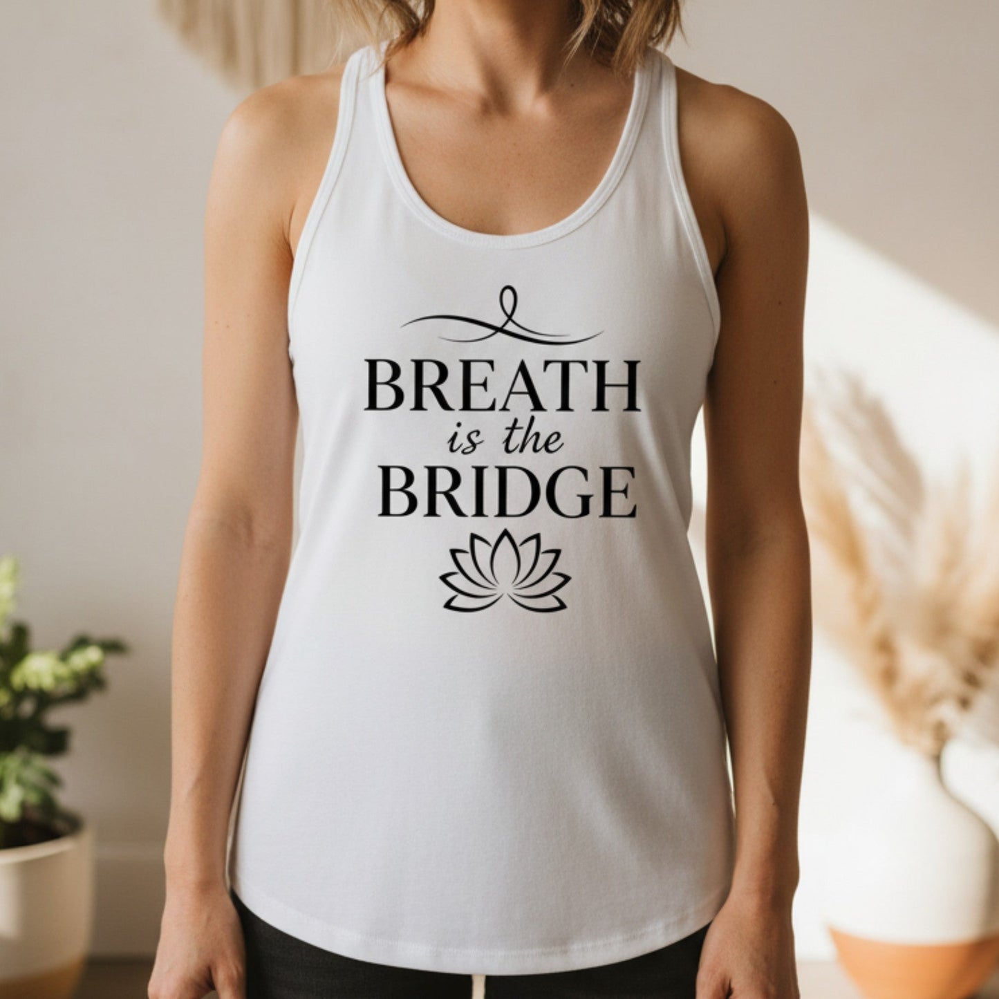 White Inhale the Future Exhale the Past racerback tank with black circular lotus design — clean minimal yoga gift for the spiritual woman who chooses presence over the past with every breath