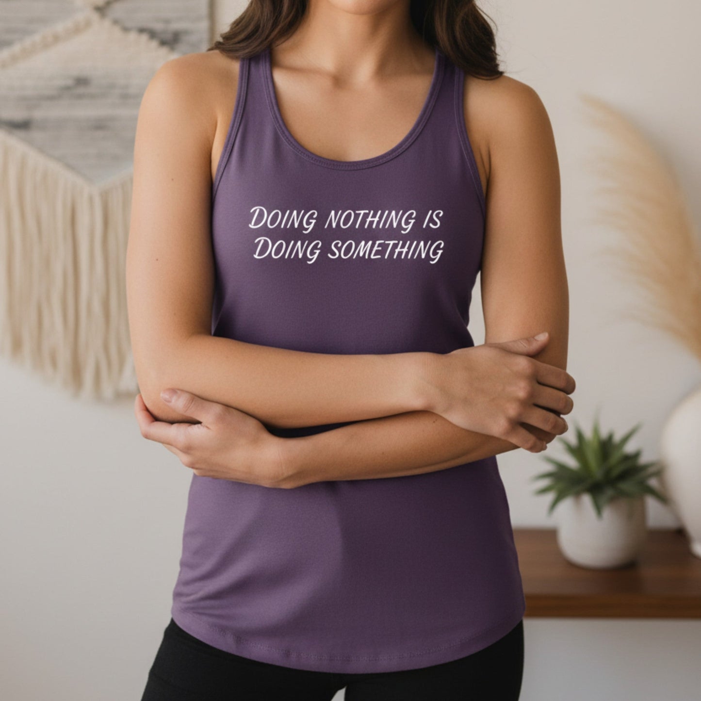 Purple women's fitted tank top with Doing Nothing Is Doing Something — boho self-care apparel, premium heat-transfer vinyl, Best Life Apparel