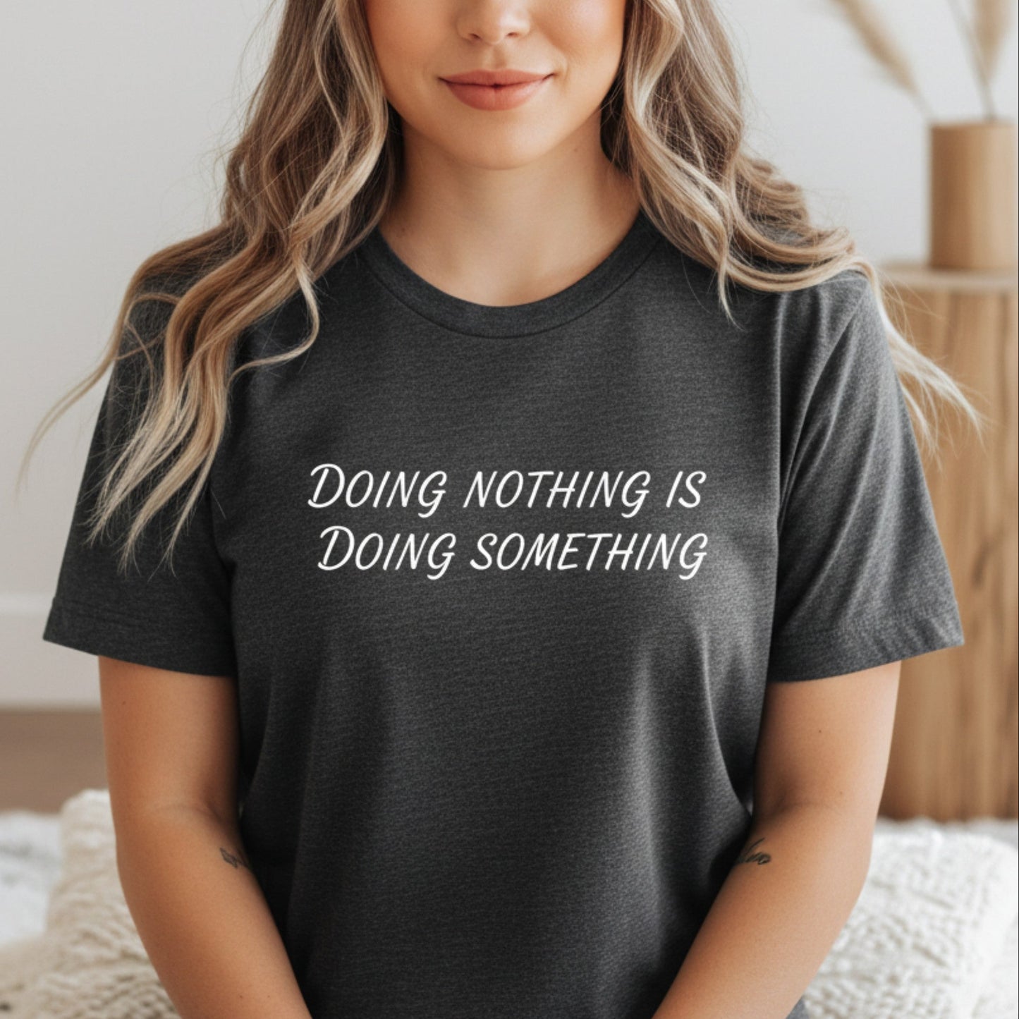 Heather grey soft crewneck tee with wellness saying — ringspun cotton blend, spiritual apparel for women, slow living aesthetic