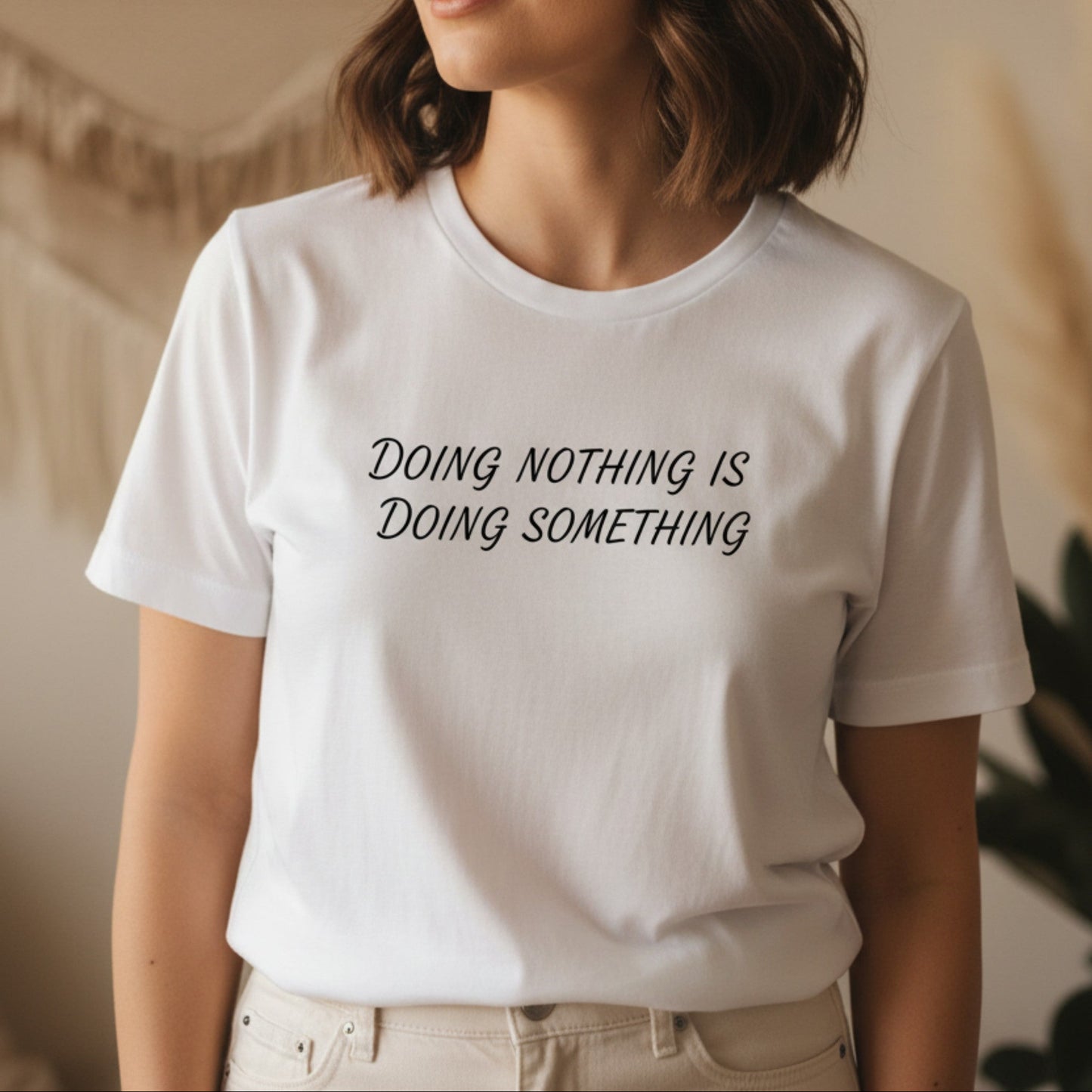 White women's graphic tee with meaningful self-care message — boho wellness shirt, black HTV print, Best Life Apparel Canada
