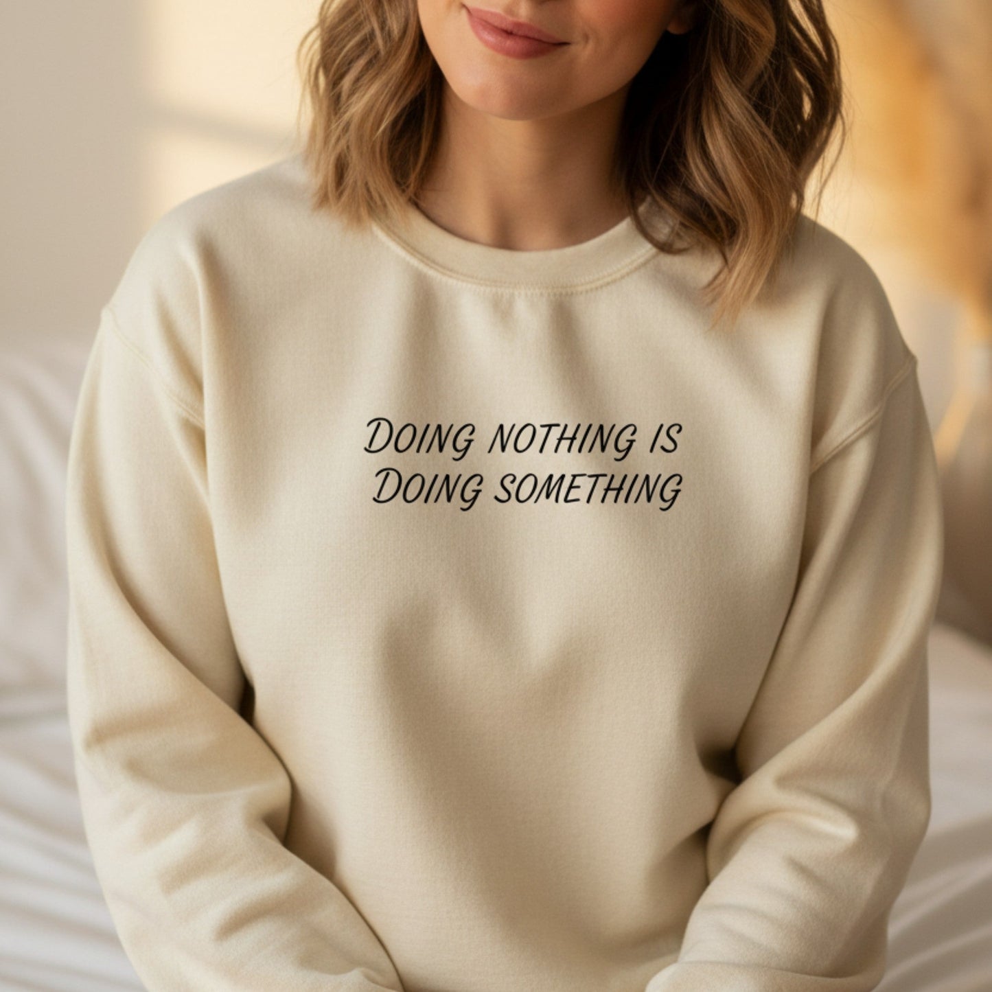 Sand crewneck sweatshirt with self-care quote for women — neutral toned gift for the woman who is finally learning that doing less is doing enough
