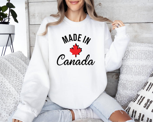 Made In Canada sweatshirt close-up showing soft fabric and graphic print detail in white