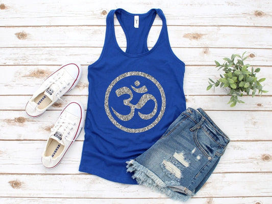 Glitter Om tank top in soft breathable fabric for yoga studio and everyday wear in blue