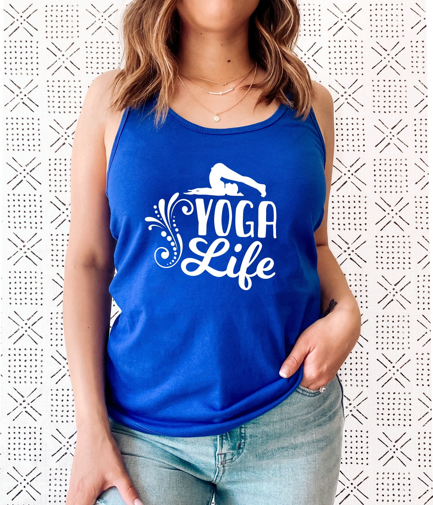 Yoga Life tank top as a perfect gift for yoga enthusiasts and wellness lovers in dark blue