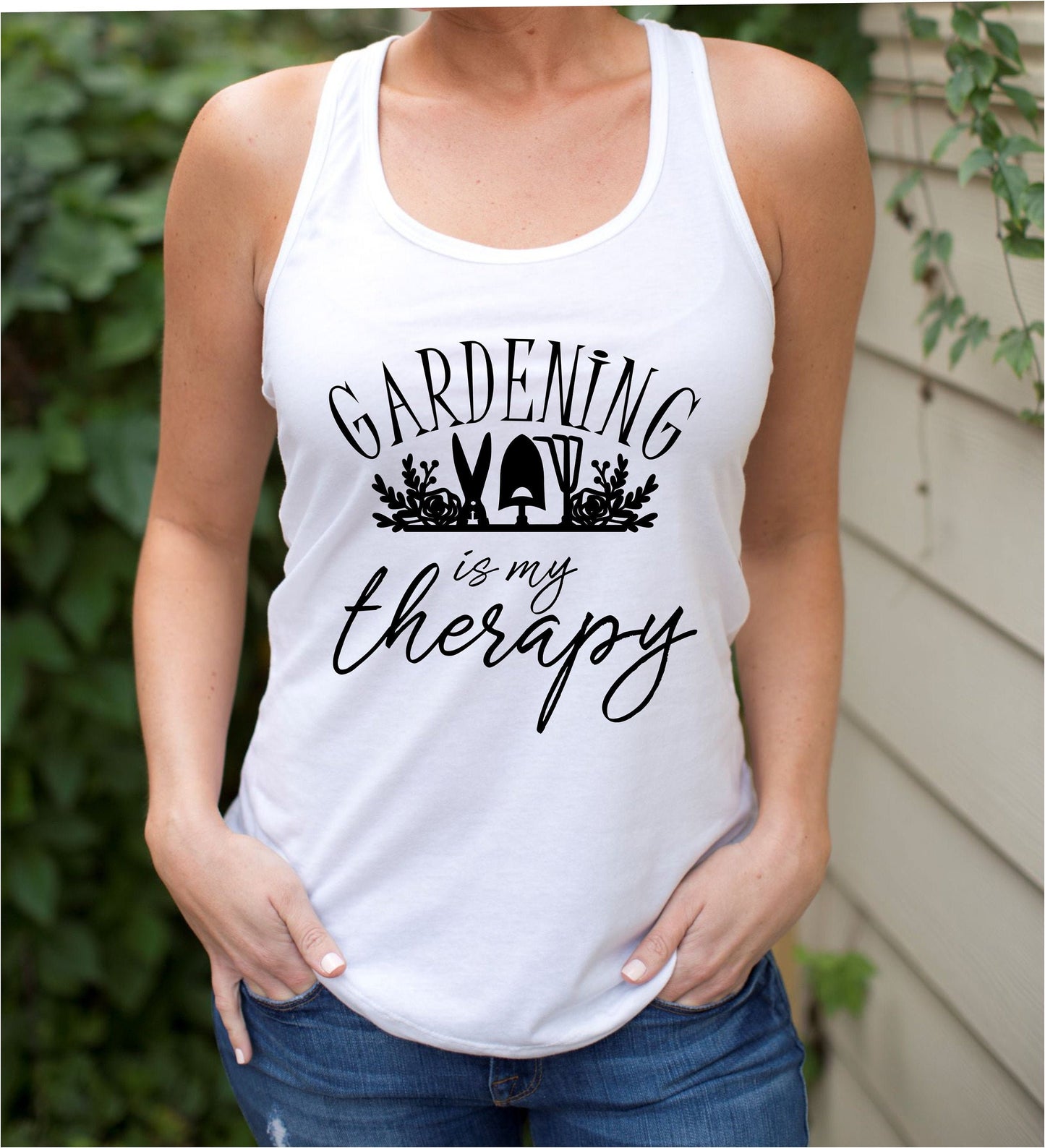 Gardening therapy tank top in soft breathable fabric for outdoor and casual wear in white
