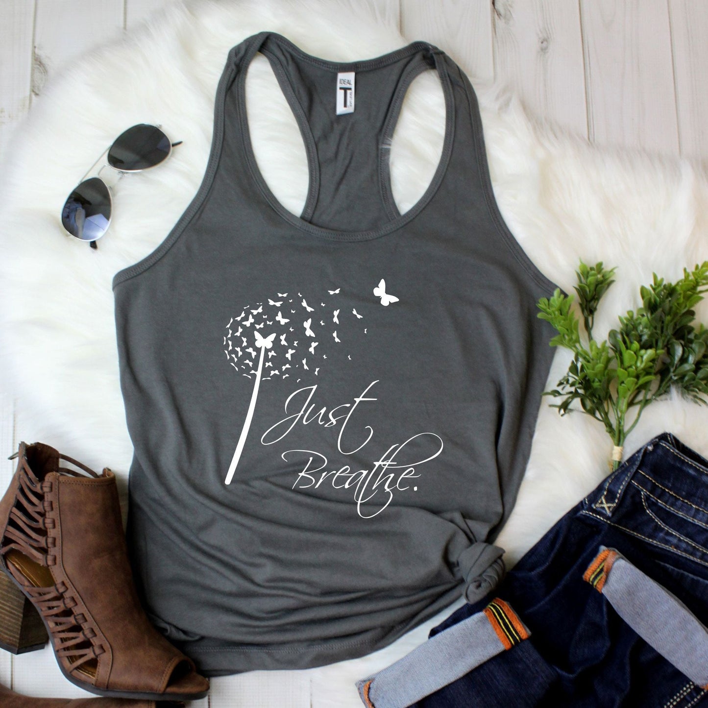 Beautiful nature-inspired racerback tank top as a perfect gift for mindful women in dark grey