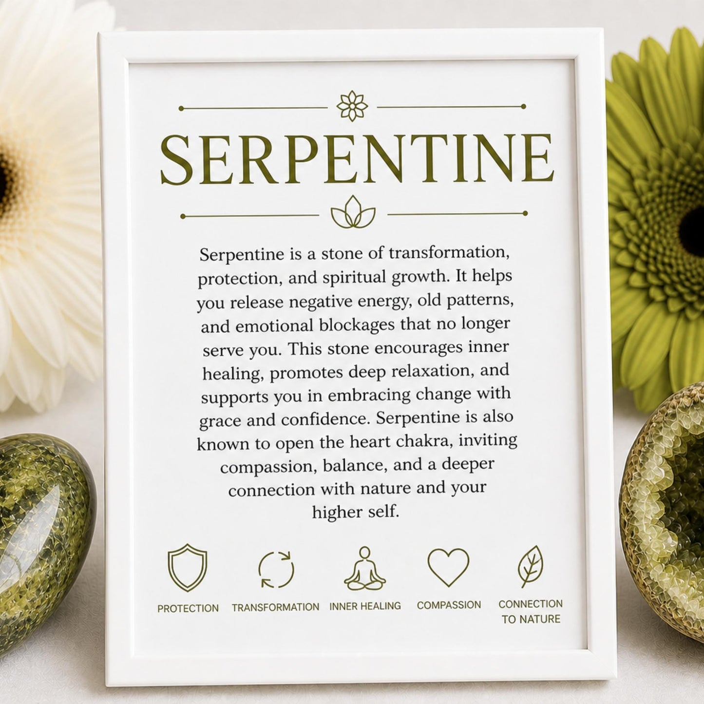properties card fro Raw Serpentine healing bracelet — natural green gemstone chips for protection, new beginnings, and Heart Chakra energy