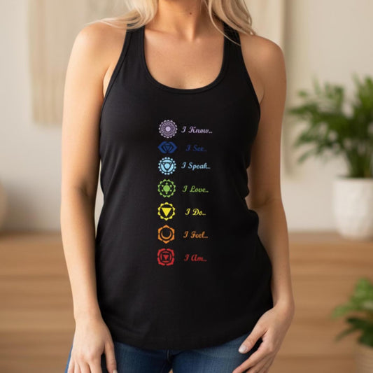 Women's 7 Chakra Affirmations racerback tank — chakra healing gift for women, spiritual affirmation tank top for her