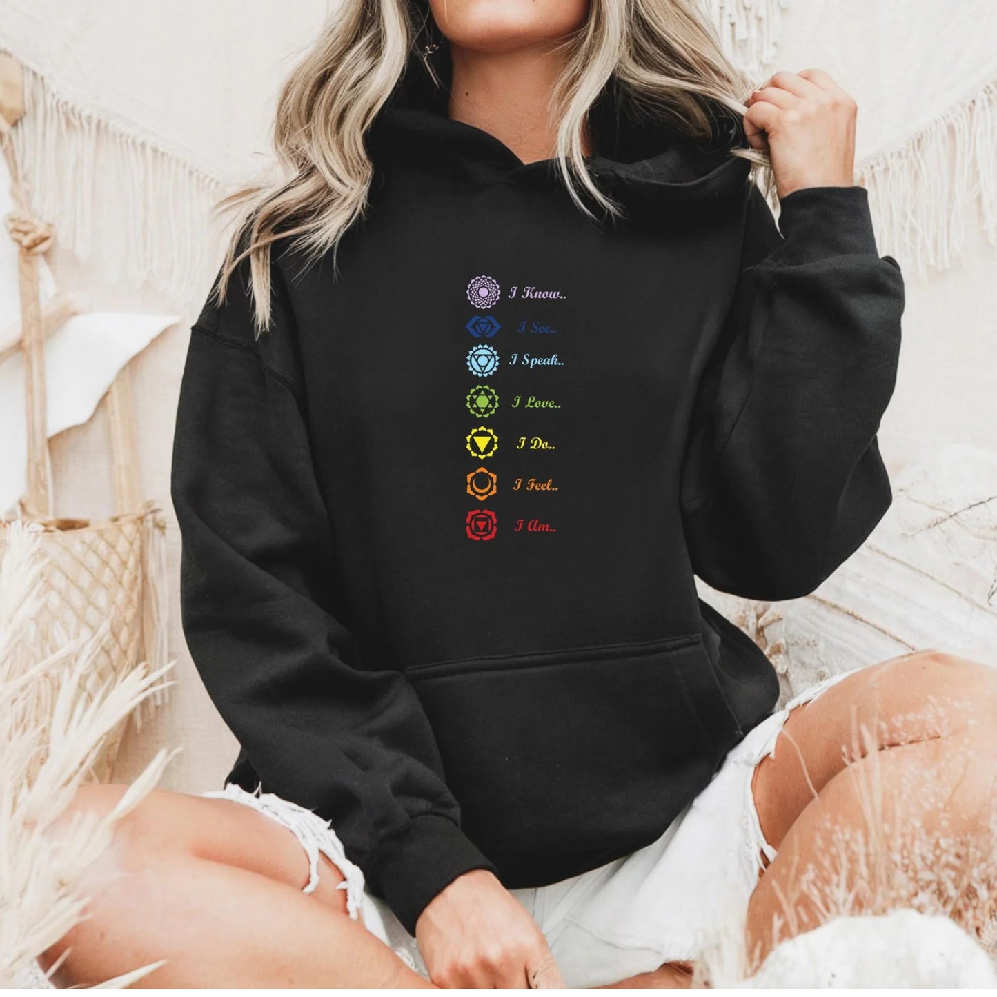 Black 7 chakra pullover hoodie for women — spiritual gift for energy healers, reiki practitioners, and women on a chakra balancing journey