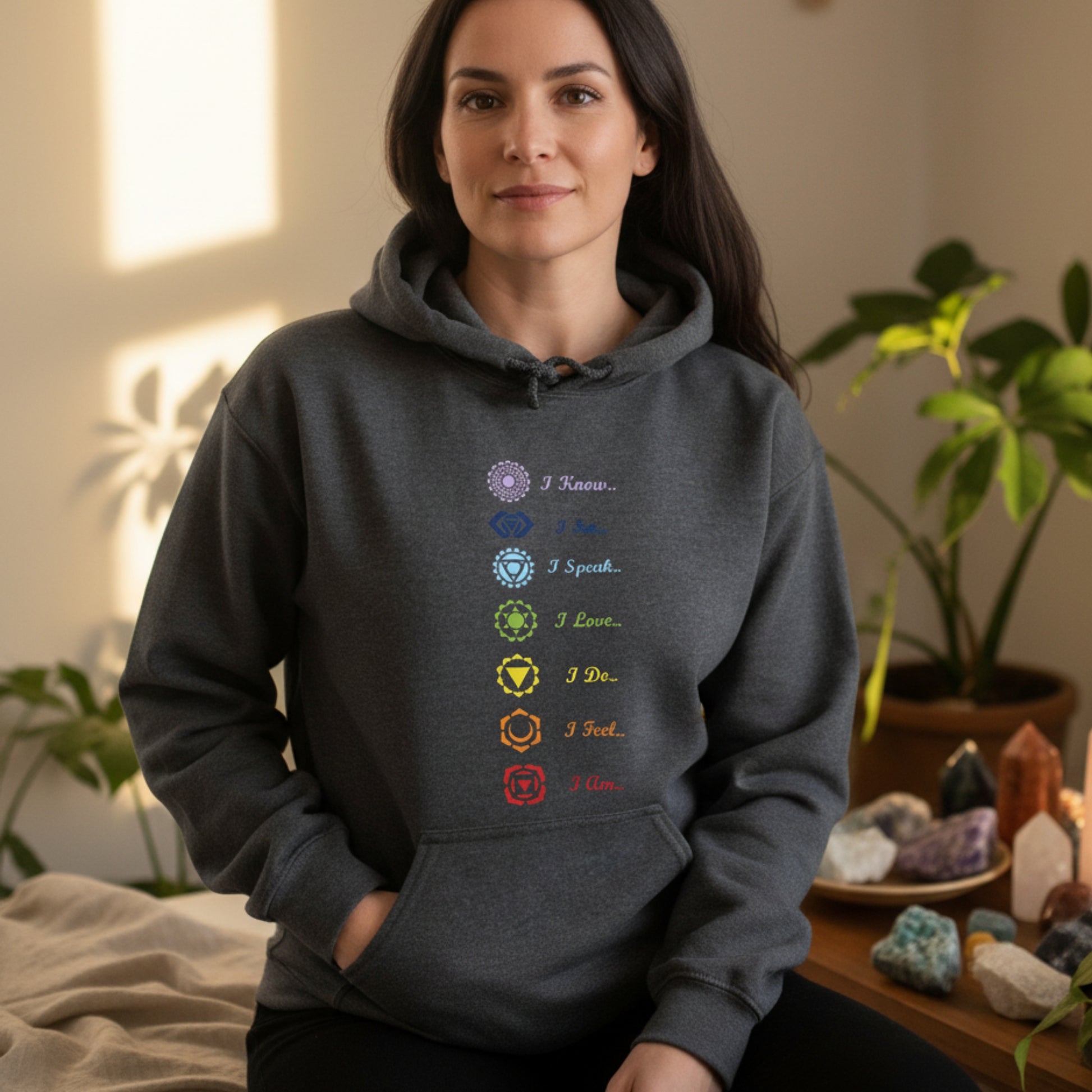 Dark heather grey chakra hoodie for women — holistic wellness gift for her, perfect for the woman who knows her sacral from her solar plexus