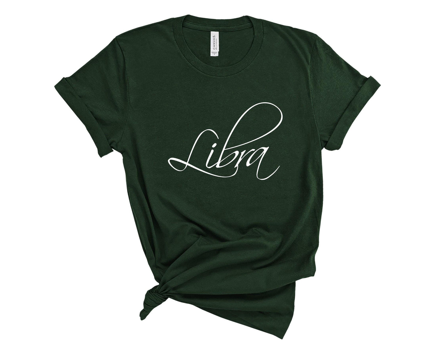 Libra zodiac t-shirt close-up showing soft fabric and zodiac graphic detail in dark green